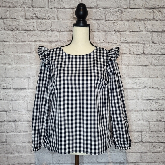 J Crew Top Blue White Plaid Long Sleeve Ruffle Shoulder Keyhole Back Size S - Picture 2 of 9